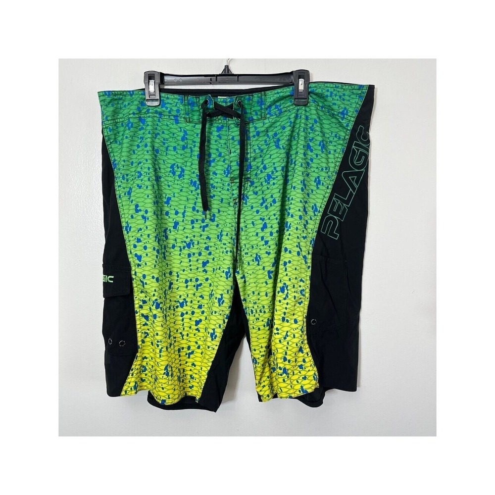 Pelagic Board Shorts Mens 40 Green Mahi Mahi Print Fishing Cargo Trunks